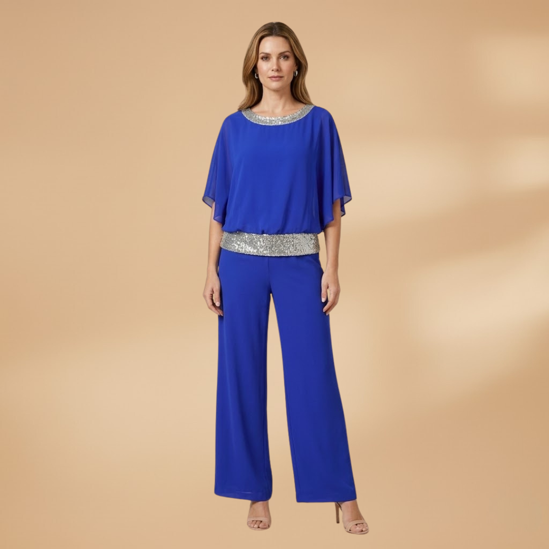 Elegant Two-Piece Set with Embellished Top and Wide-Leg Trousers for Women