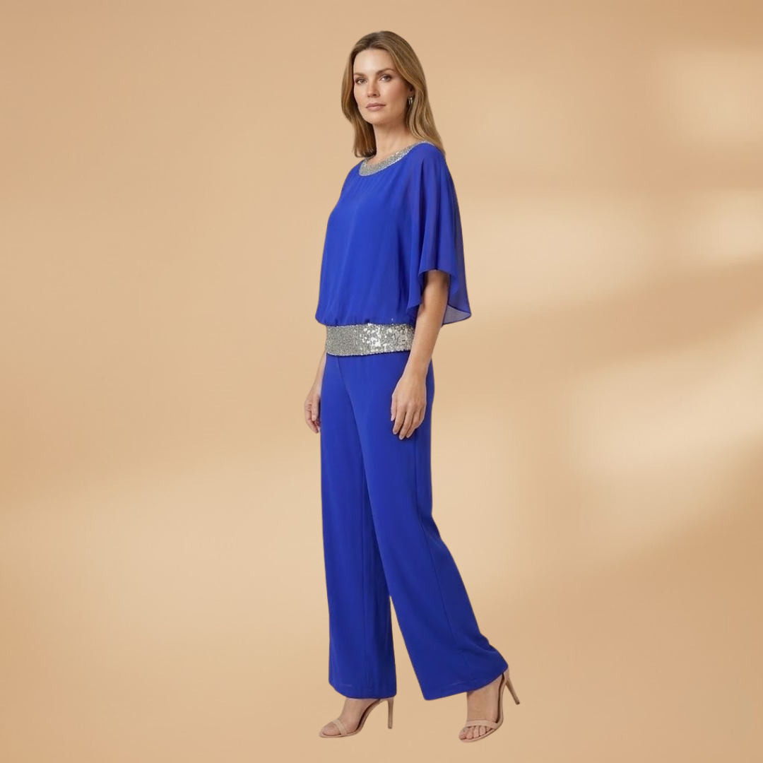 Elegant Two-Piece Set with Embellished Top and Wide-Leg Trousers for Women