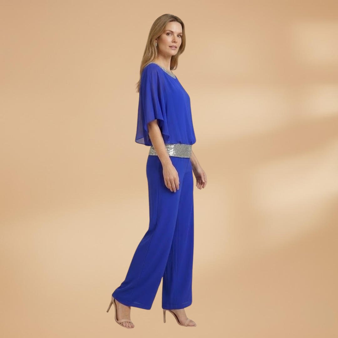Elegant Two-Piece Set with Embellished Top and Wide-Leg Trousers for Women