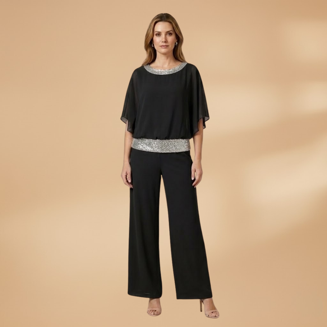 Elegant Two-Piece Set with Embellished Top and Wide-Leg Trousers for Women