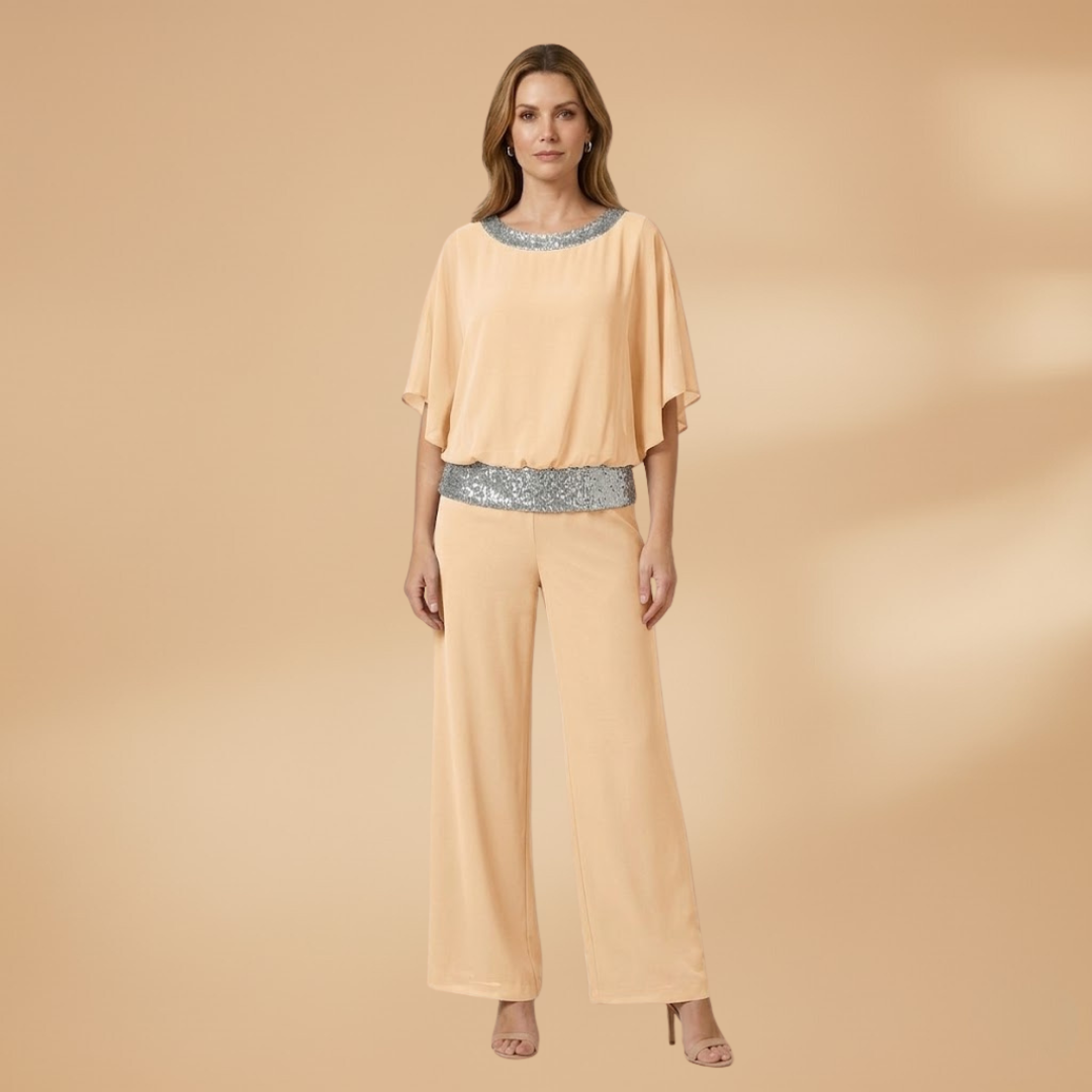Elegant Two-Piece Set with Embellished Top and Wide-Leg Trousers for Women
