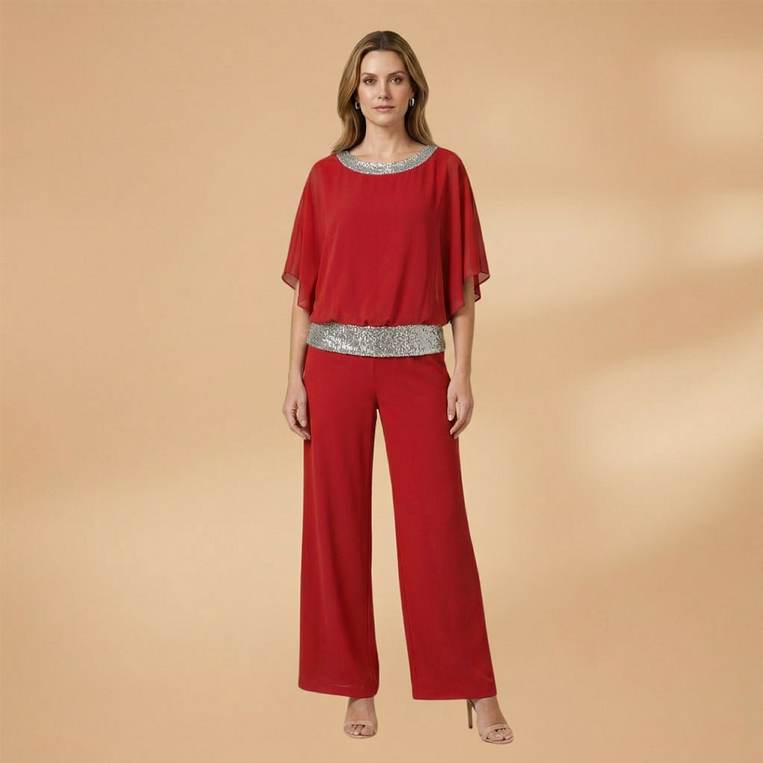 Elegant Two-Piece Set with Embellished Top and Wide-Leg Trousers for Women