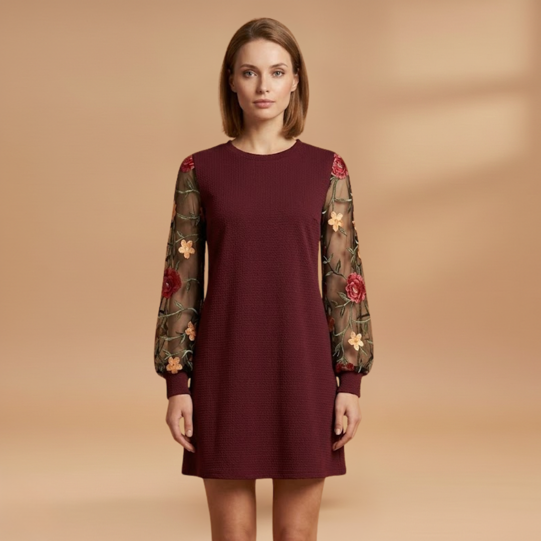 Floral Embroidered Bishop Sleeve Mini Dress with Sheer Sleeves for Women