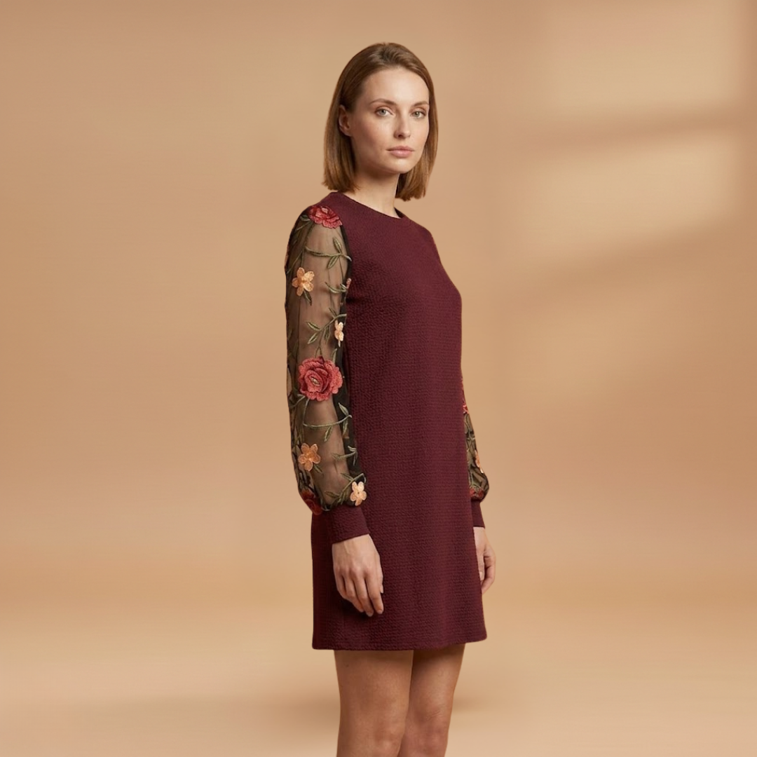 Floral Embroidered Bishop Sleeve Mini Dress with Sheer Sleeves for Women