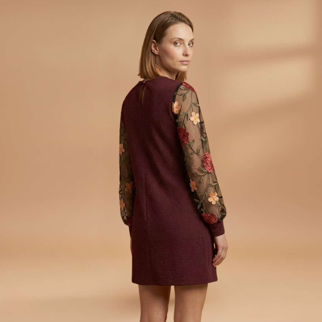 Floral Embroidered Bishop Sleeve Mini Dress with Sheer Sleeves for Women