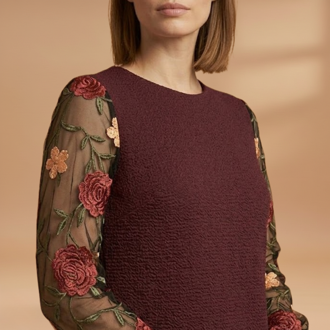 Floral Embroidered Bishop Sleeve Mini Dress with Sheer Sleeves for Women