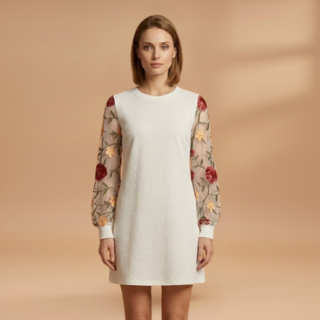 Floral Embroidered Bishop Sleeve Mini Dress with Sheer Sleeves for Women