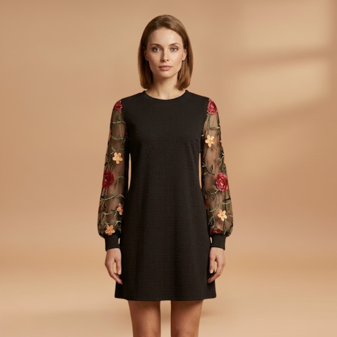 Floral Embroidered Bishop Sleeve Mini Dress with Sheer Sleeves for Women