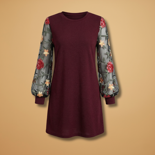Floral Embroidered Bishop Sleeve Mini Dress with Sheer Sleeves for Women