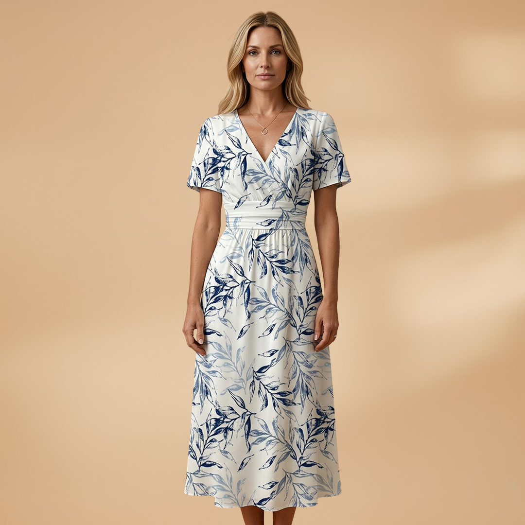 Floral Midi Dress with Wrap Neckline and Elasticated Waist for Women