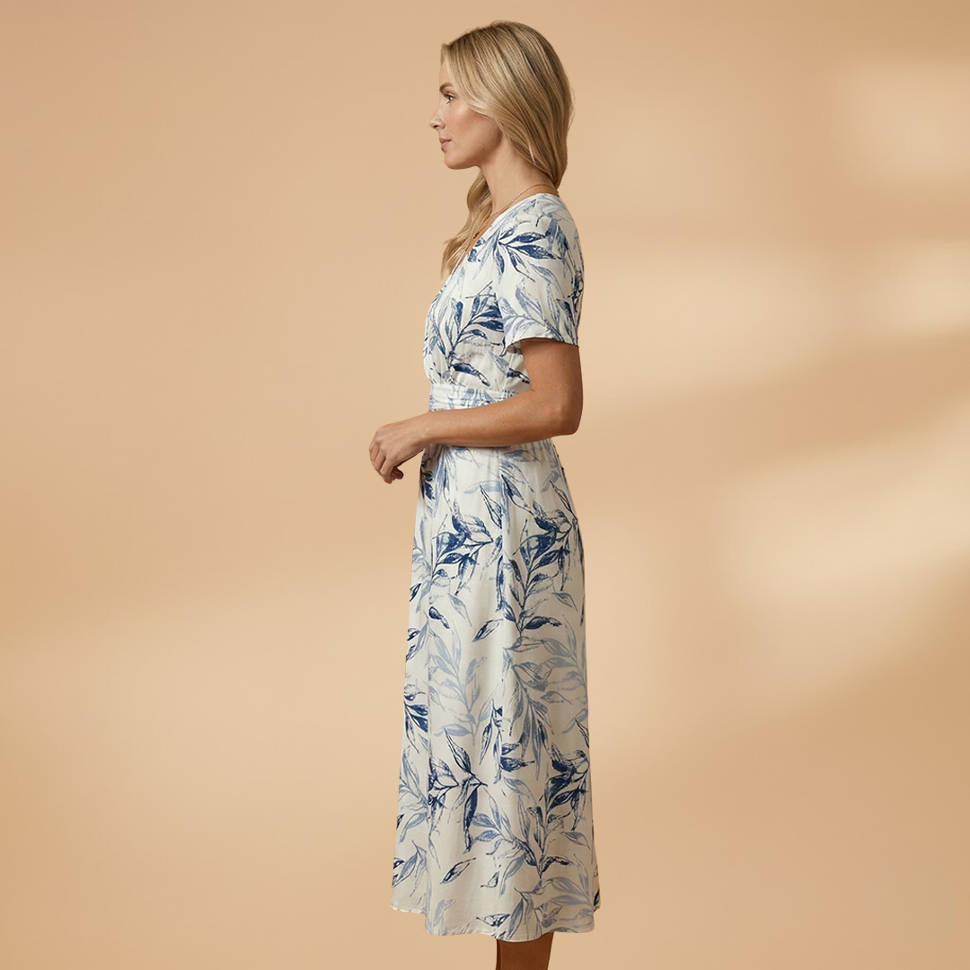 Floral Midi Dress with Wrap Neckline and Elasticated Waist for Women