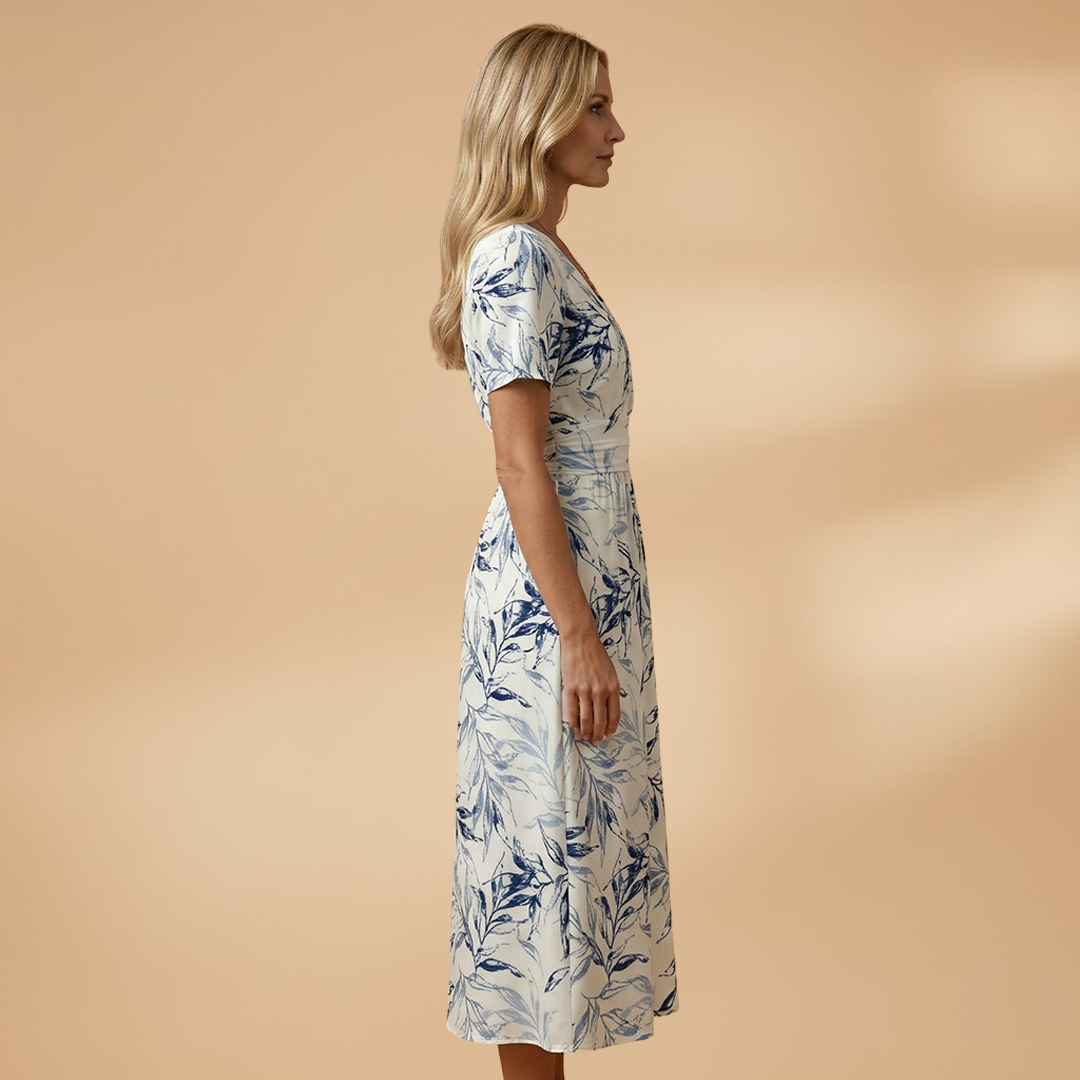 Floral Midi Dress with Wrap Neckline and Elasticated Waist for Women