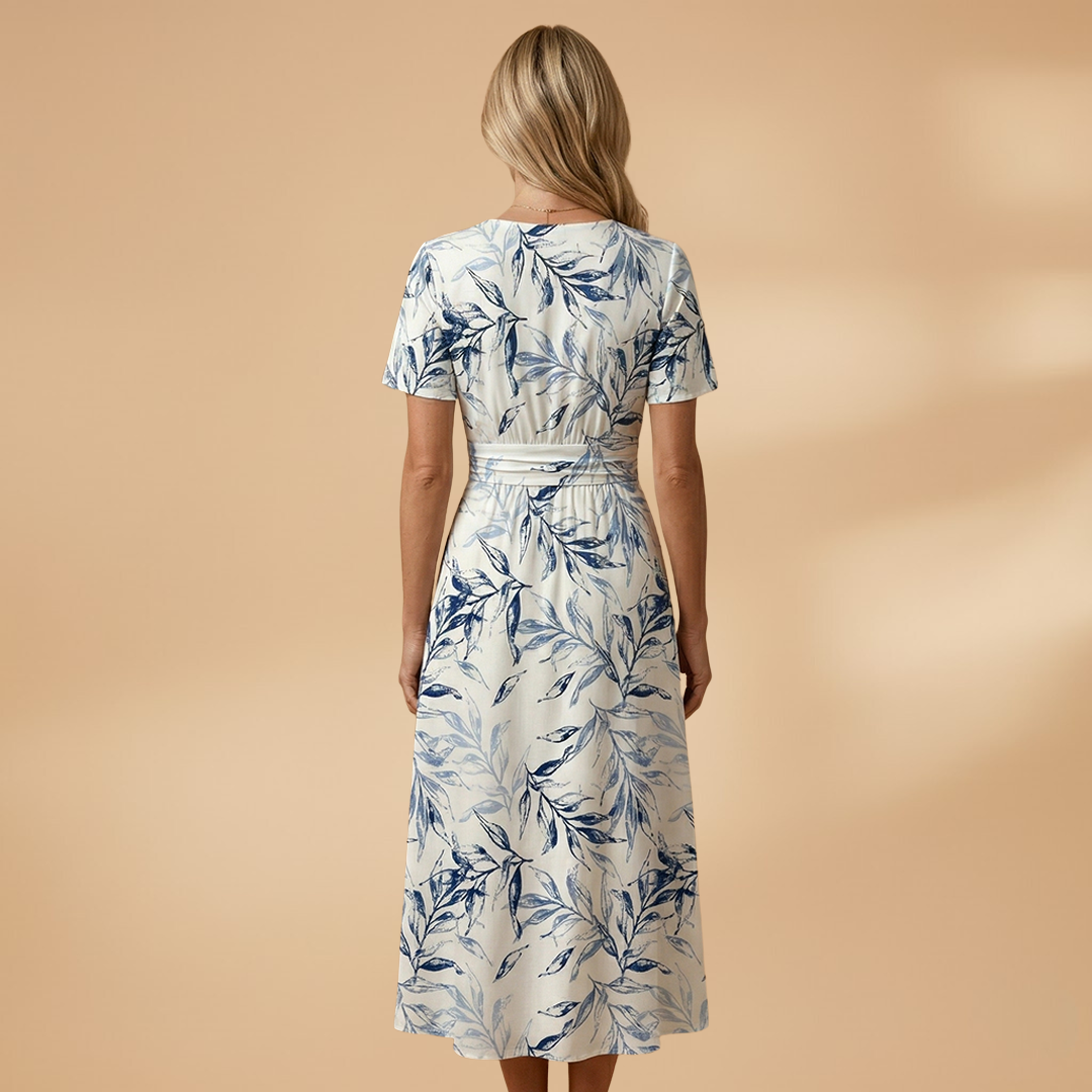 Floral Midi Dress with Wrap Neckline and Elasticated Waist for Women