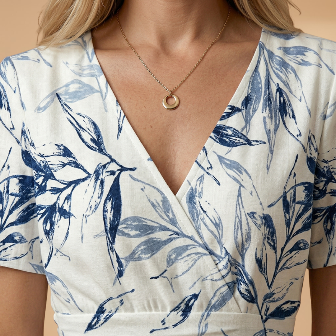 Floral Midi Dress with Wrap Neckline and Elasticated Waist for Women