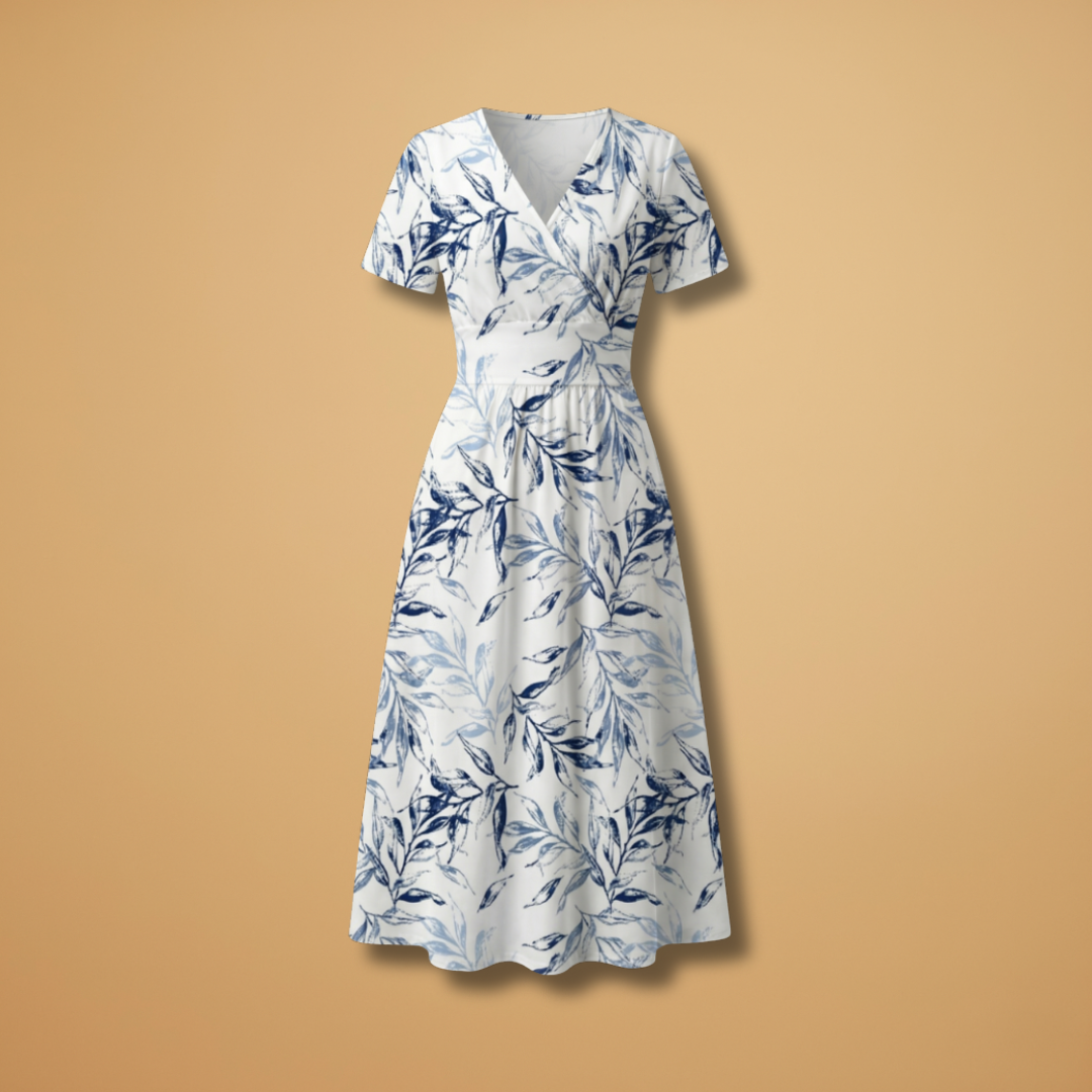 Floral Midi Dress with Wrap Neckline and Elasticated Waist for Women