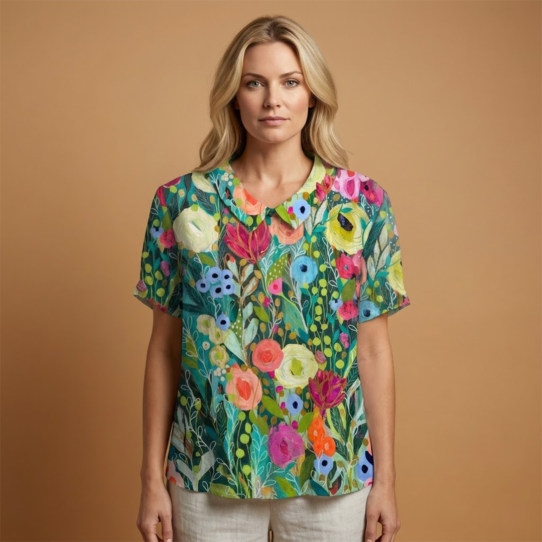 Floral Shirt with Watercolour Print and Lightweight Fabric for Women