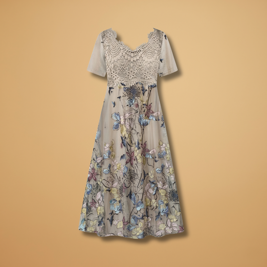 Graphic Lace Midi Dress Short Sleeves for Women