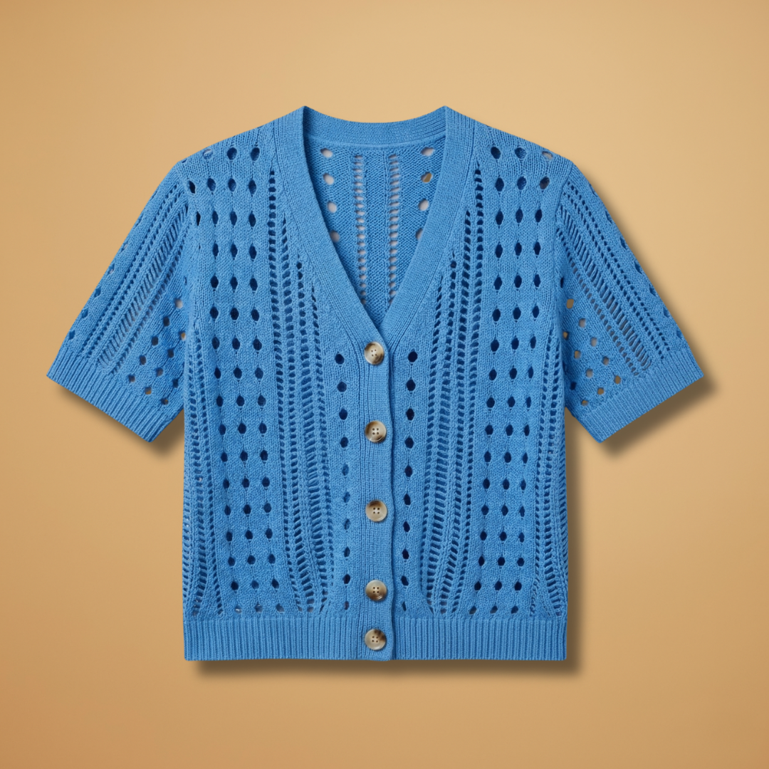 Hollow Knit Cardigan with Elegant Neckline and Short Sleeves for Women