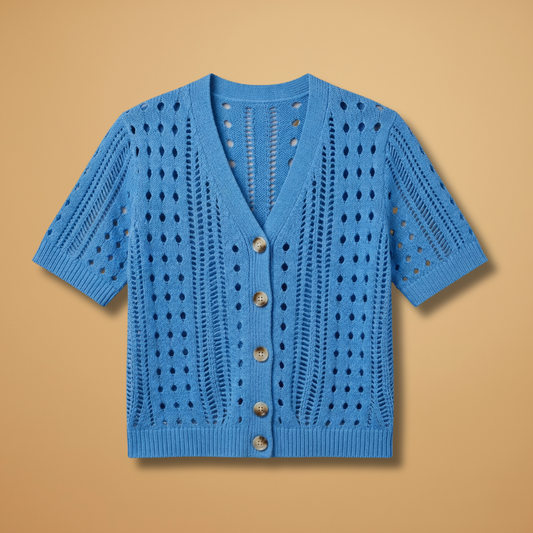 Hollow Knit Cardigan with Elegant Neckline and Short Sleeves for Women