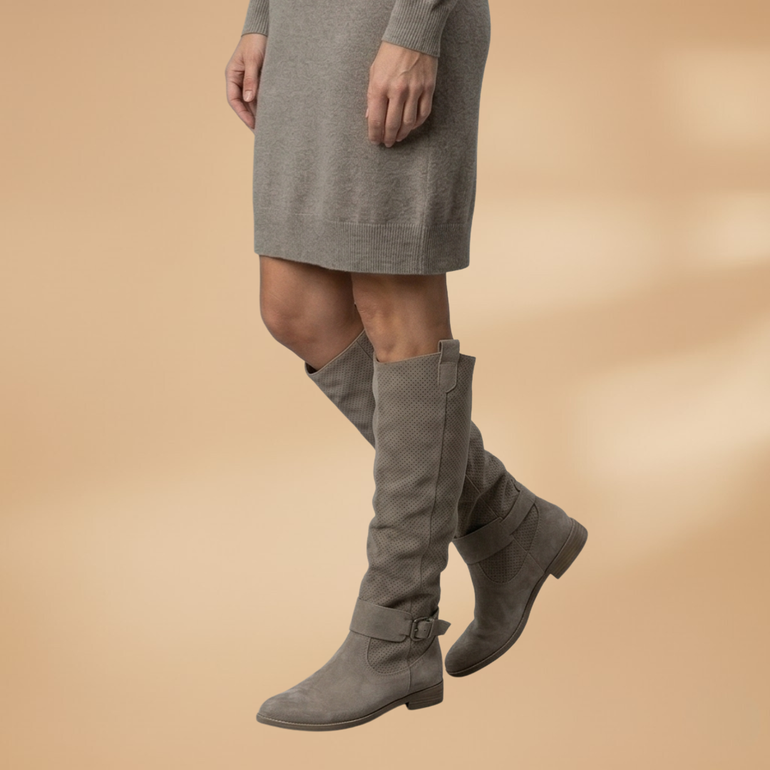 Knee-High Boots with Faux Suede and Perforated Surface for Women