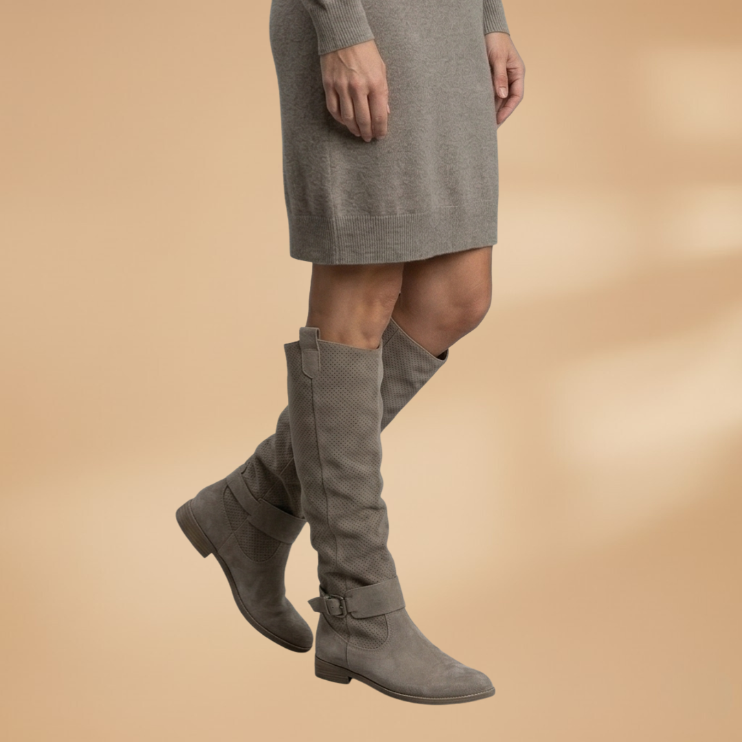 Knee-High Boots with Faux Suede and Perforated Surface for Women