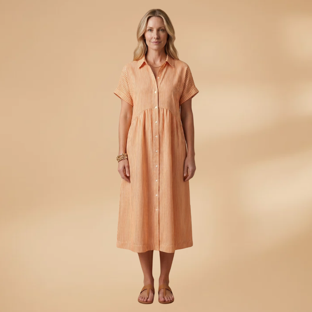 Long Shirt with Vertical Stripes and Button Closure for Women
