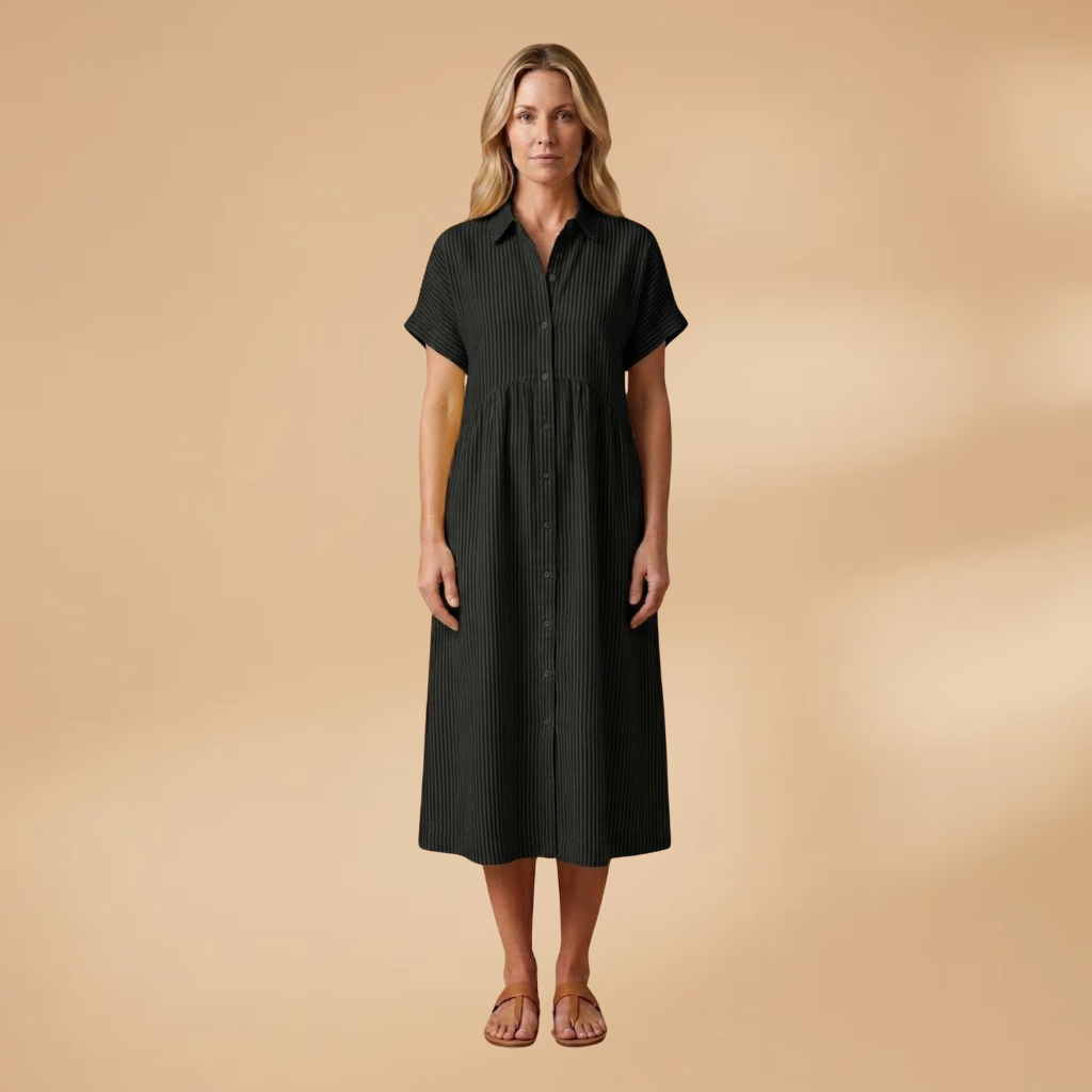 Long Shirt with Vertical Stripes and Button Closure for Women