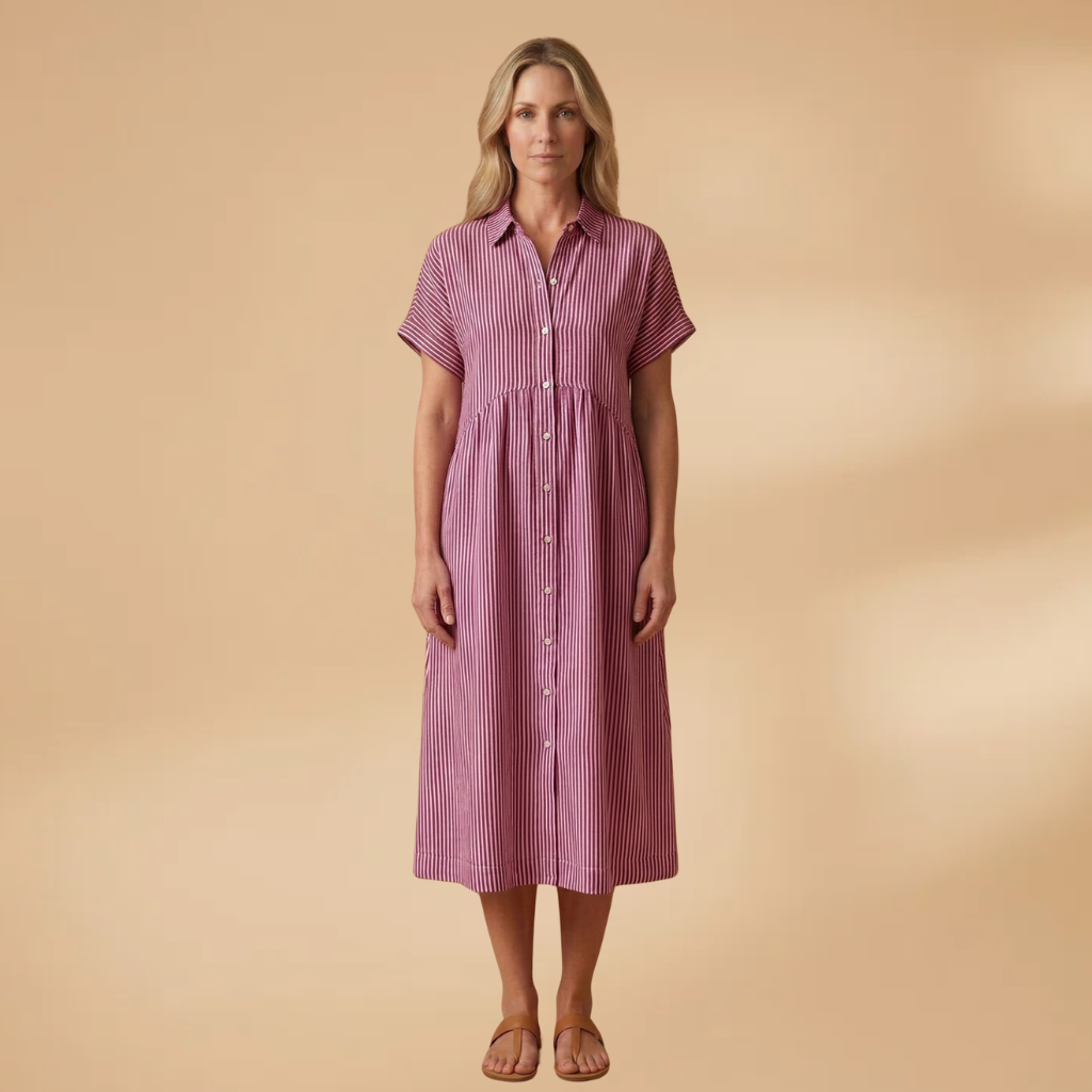 Long Shirt with Vertical Stripes and Button Closure for Women