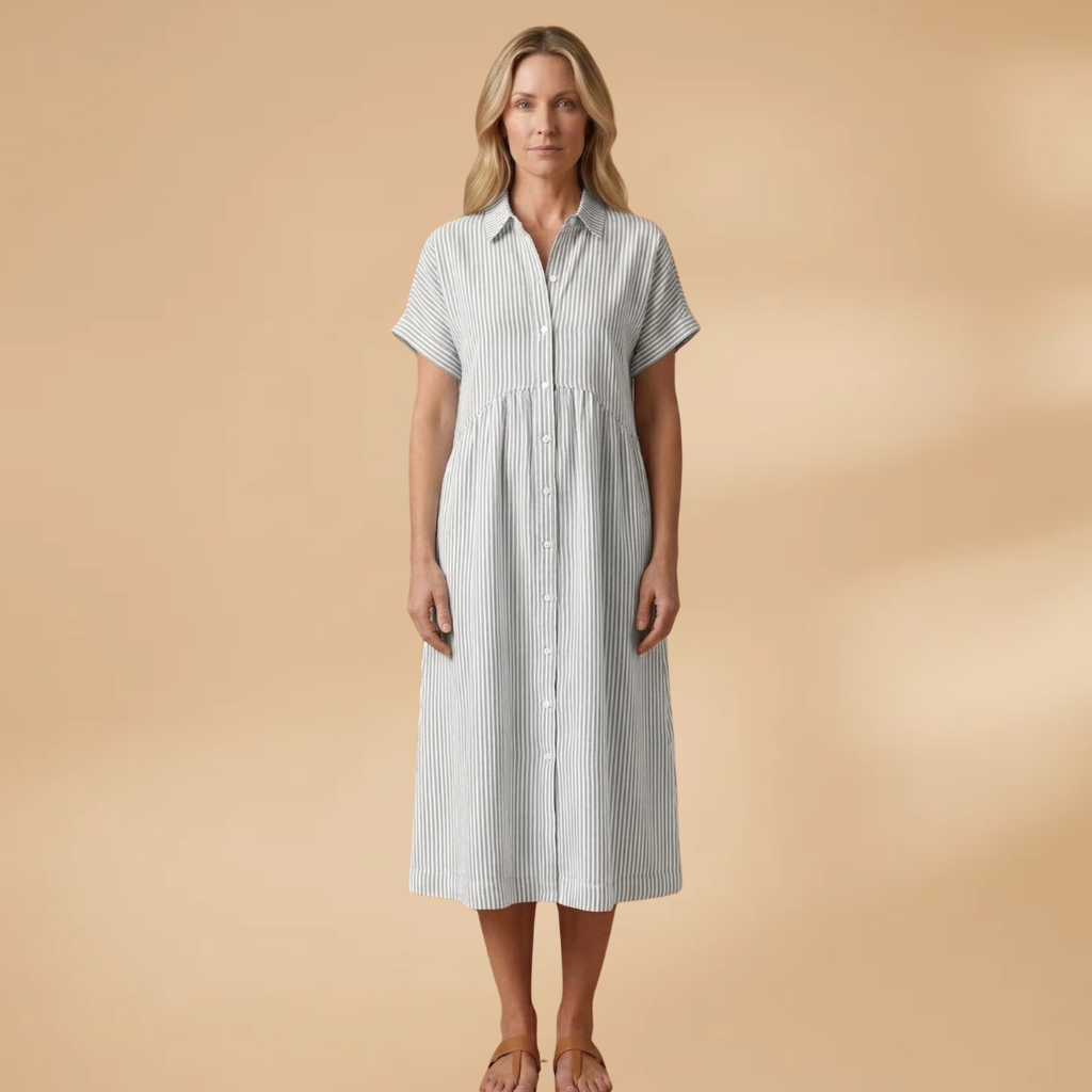 Long Shirt with Vertical Stripes and Button Closure for Women