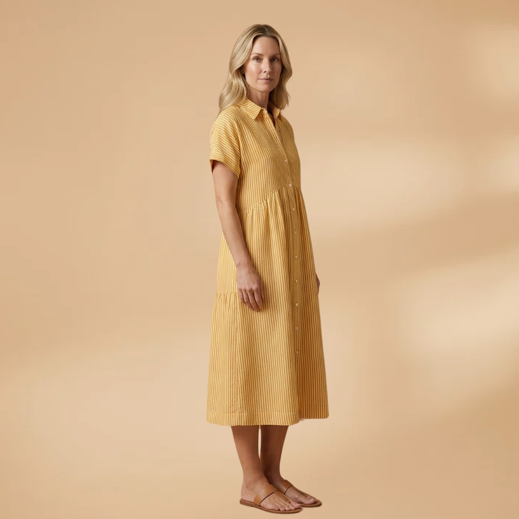 Long Shirt with Vertical Stripes and Button Closure for Women