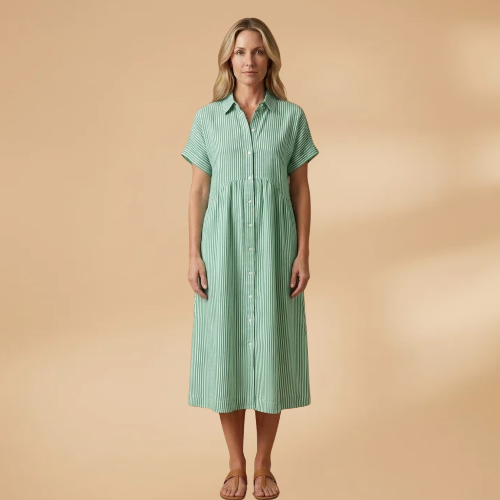 Long Shirt with Vertical Stripes and Button Closure for Women