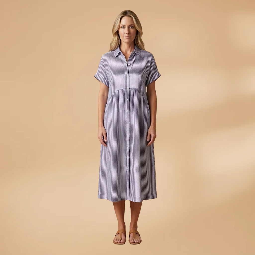 Long Shirt with Vertical Stripes and Button Closure for Women