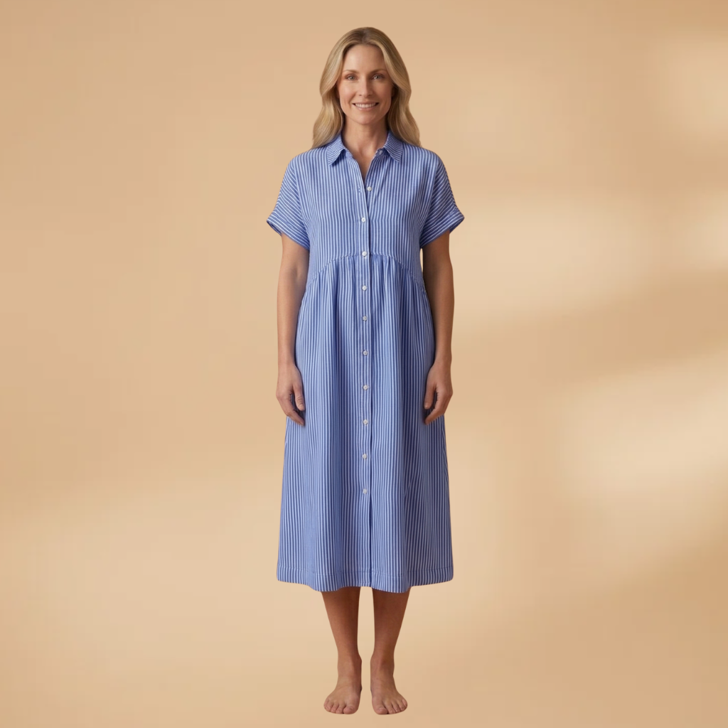 Long Shirt with Vertical Stripes and Button Closure for Women