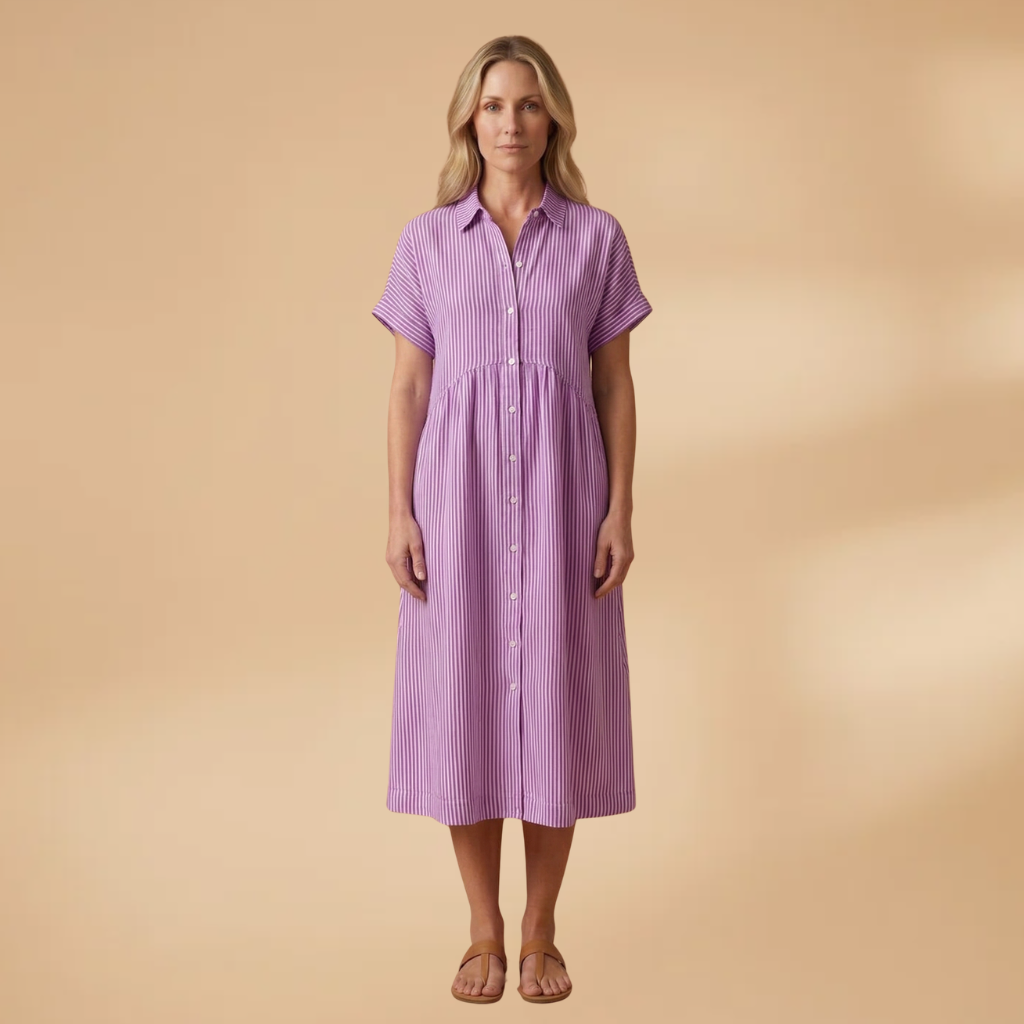Long Shirt with Vertical Stripes and Button Closure for Women