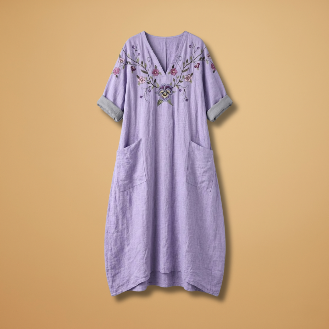Maxi Dress with Subtle Embroidery and Practical Pockets for Women