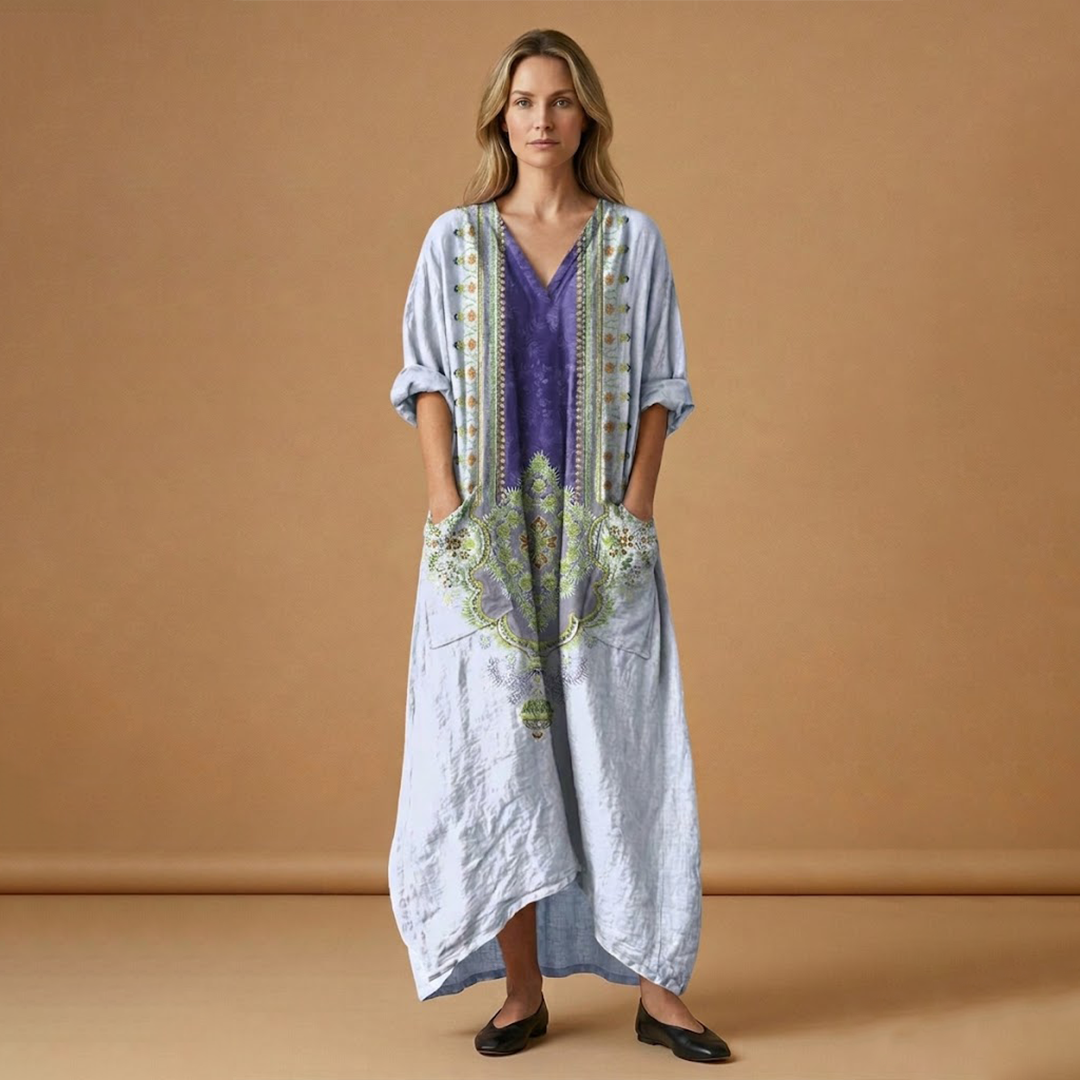 Maxi Dress with Subtle Embroidery and Practical Pockets for Women