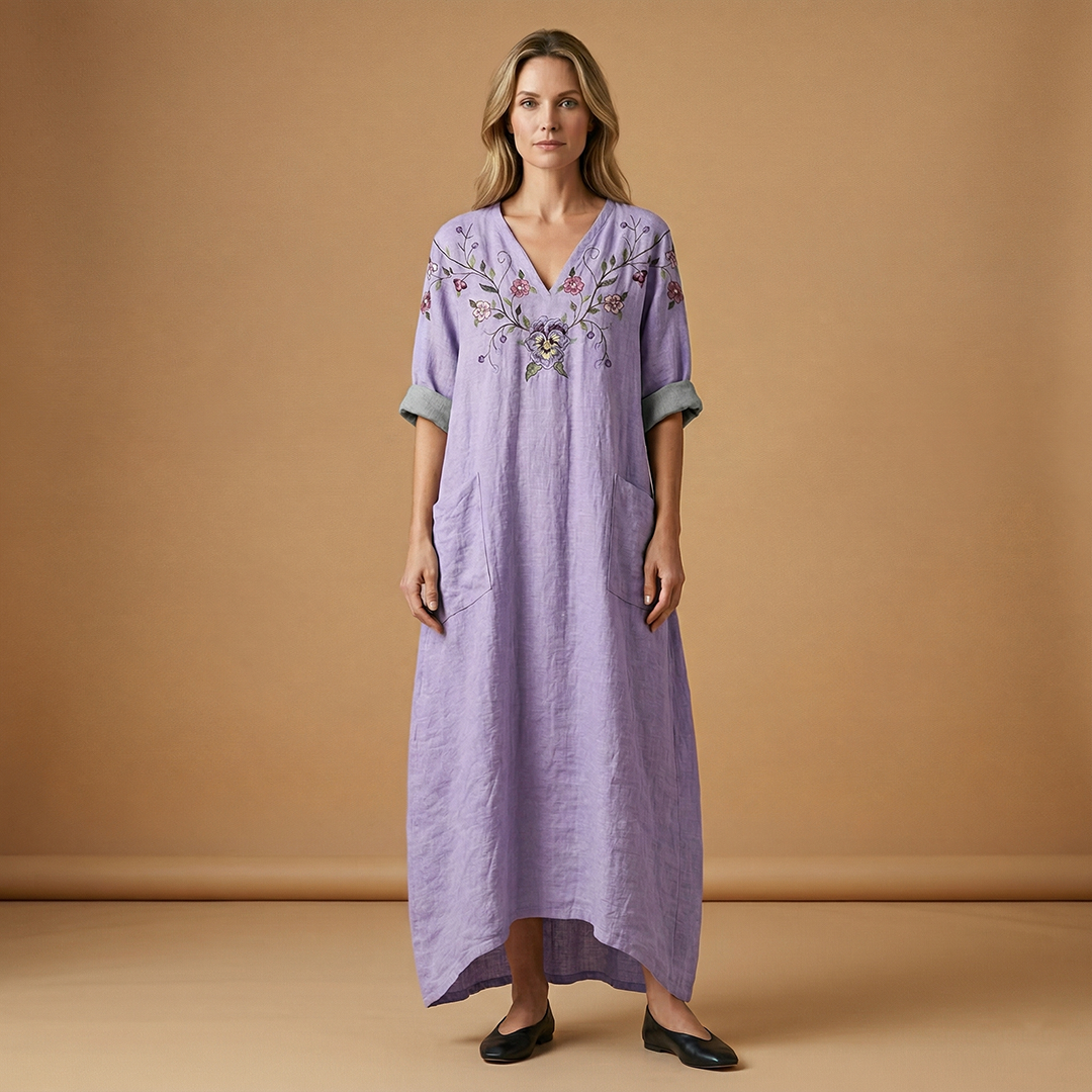 Maxi Dress with Subtle Embroidery and Practical Pockets for Women