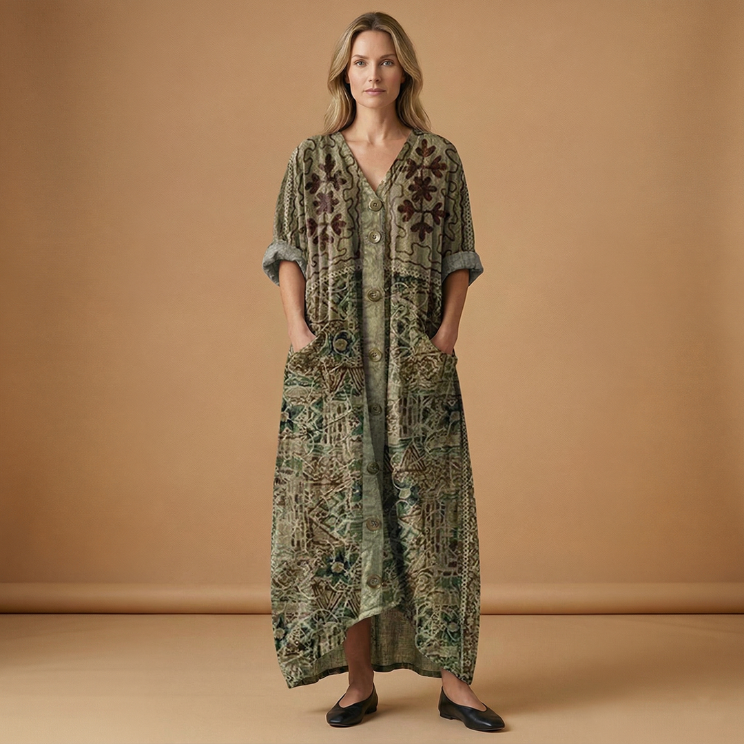 Maxi Dress with Subtle Embroidery and Practical Pockets for Women