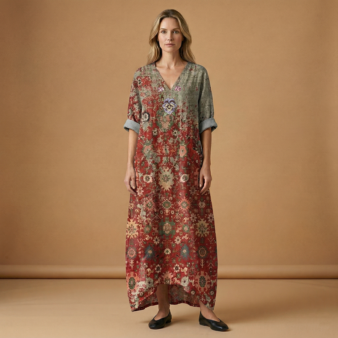 Maxi Dress with Subtle Embroidery and Practical Pockets for Women