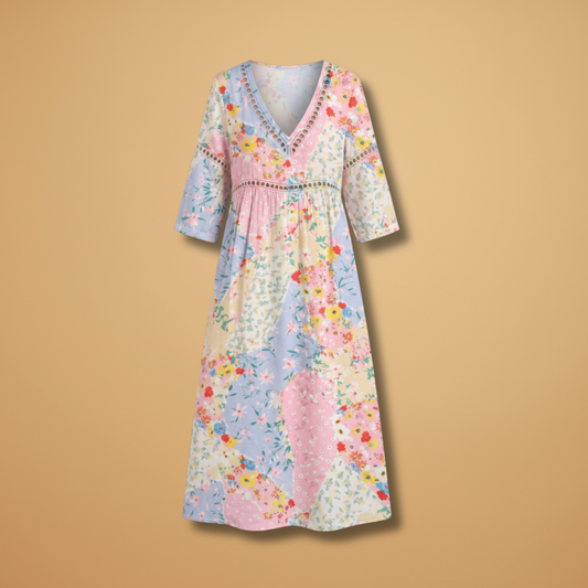 Midi Dress with Floral Patchwork and V-Neckline for Women