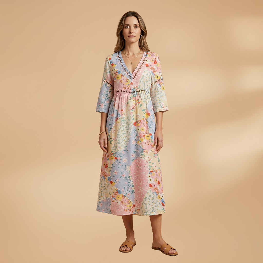 Midi Dress with Floral Patchwork and V-Neckline for Women
