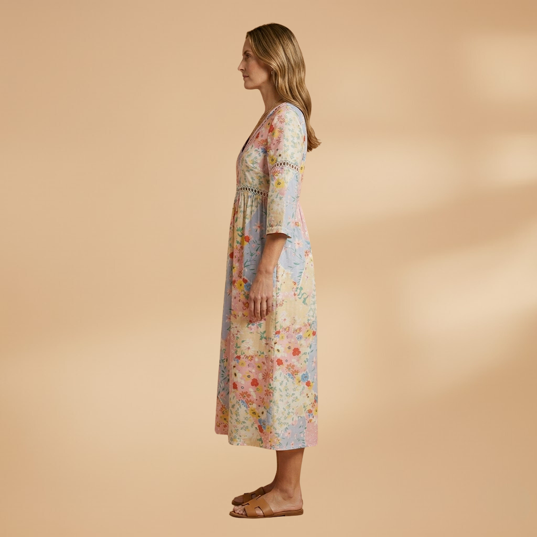 Midi Dress with Floral Patchwork and V-Neckline for Women