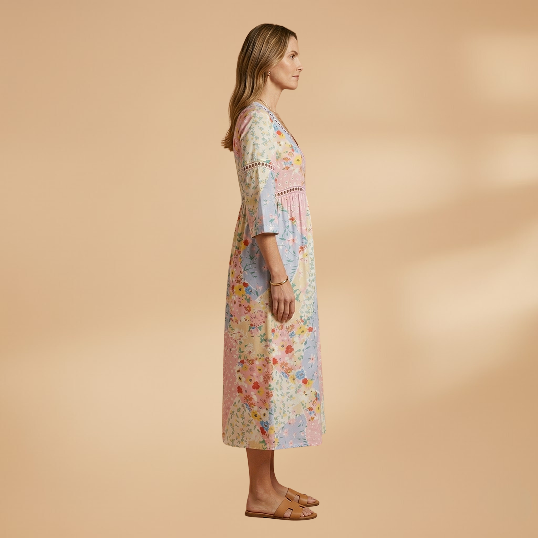 Midi Dress with Floral Patchwork and V-Neckline for Women