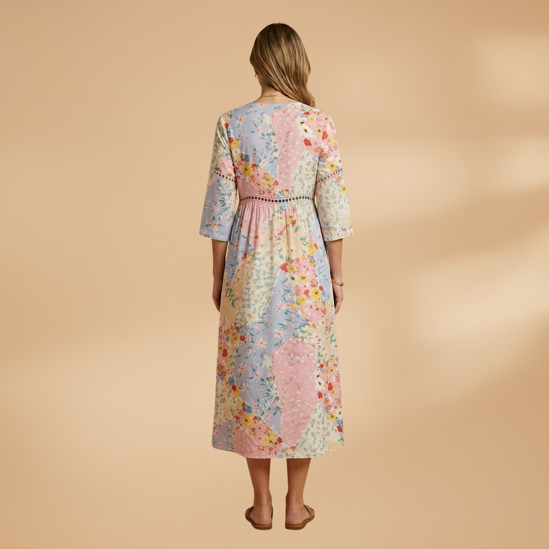 Midi Dress with Floral Patchwork and V-Neckline for Women