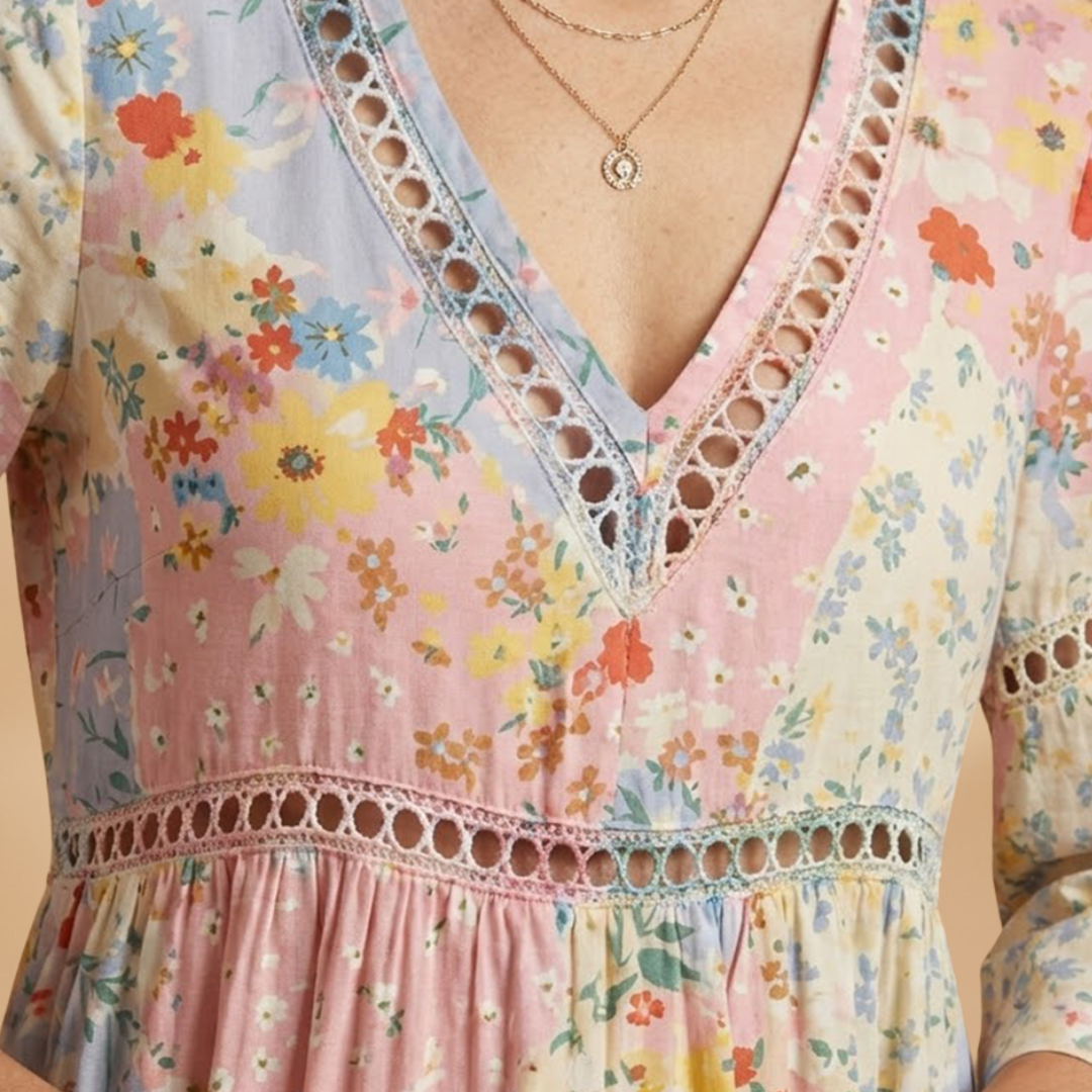 Midi Dress with Floral Patchwork and V-Neckline for Women