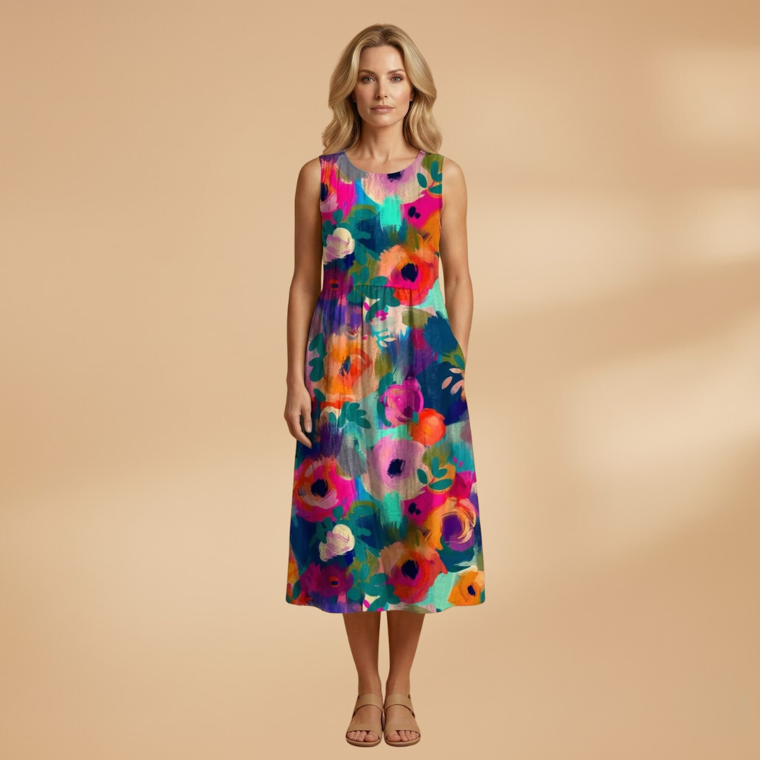 Midi Dress with Floral Print and Relaxed Fit for Women