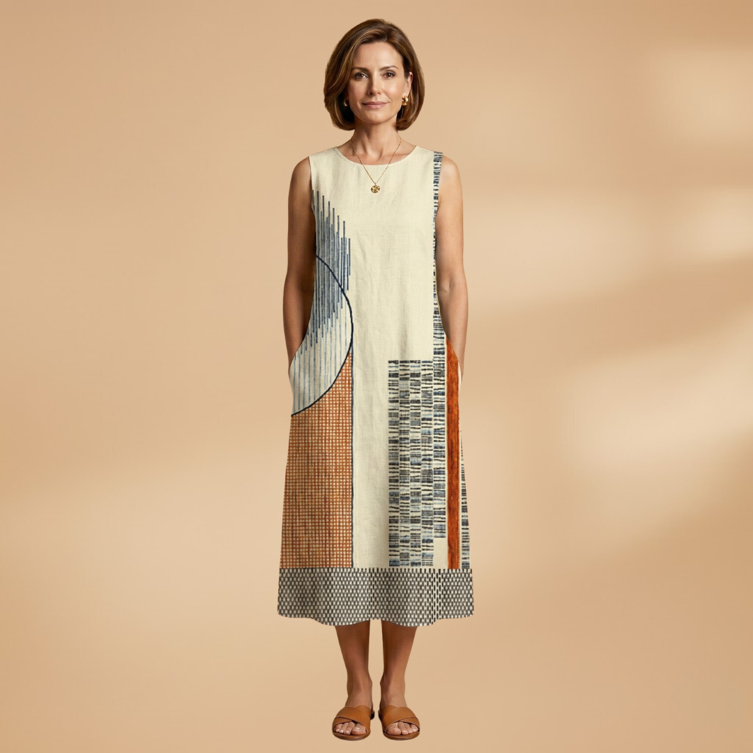 Midi Dress with Geometric Pattern and Side Pockets for Women