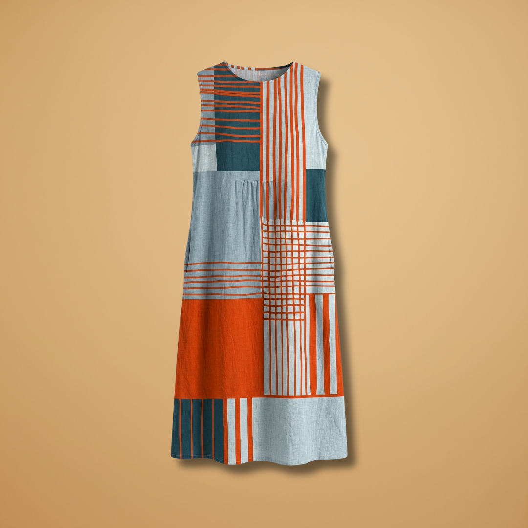 Midi Dress with Geometric Pattern and Side Pockets for Women