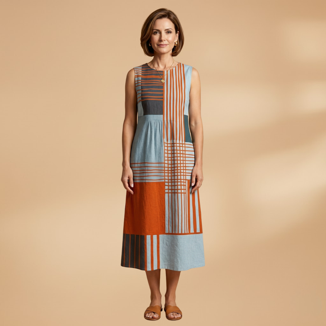 Midi Dress with Geometric Pattern and Side Pockets for Women