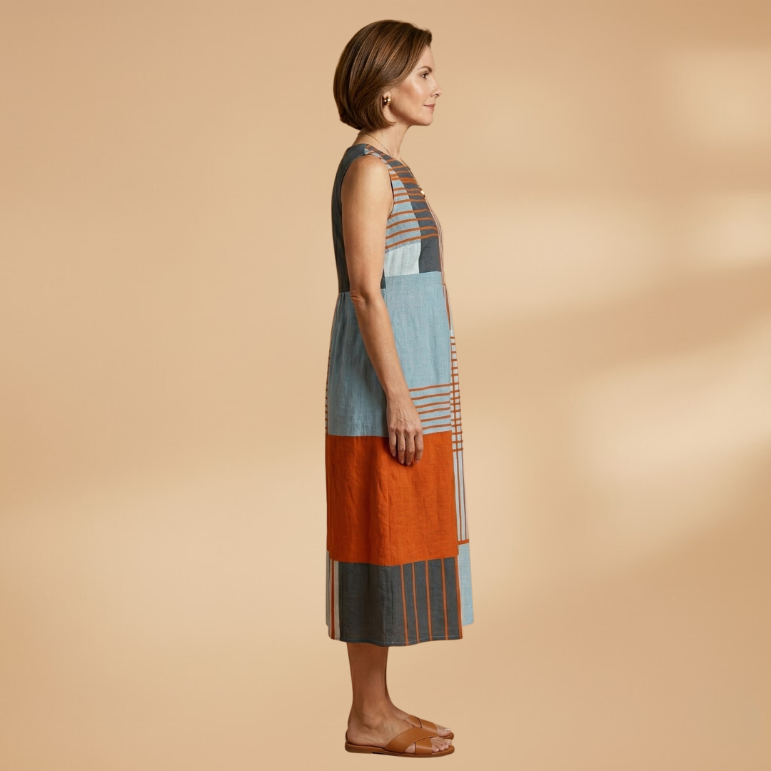 Midi Dress with Geometric Pattern and Side Pockets for Women